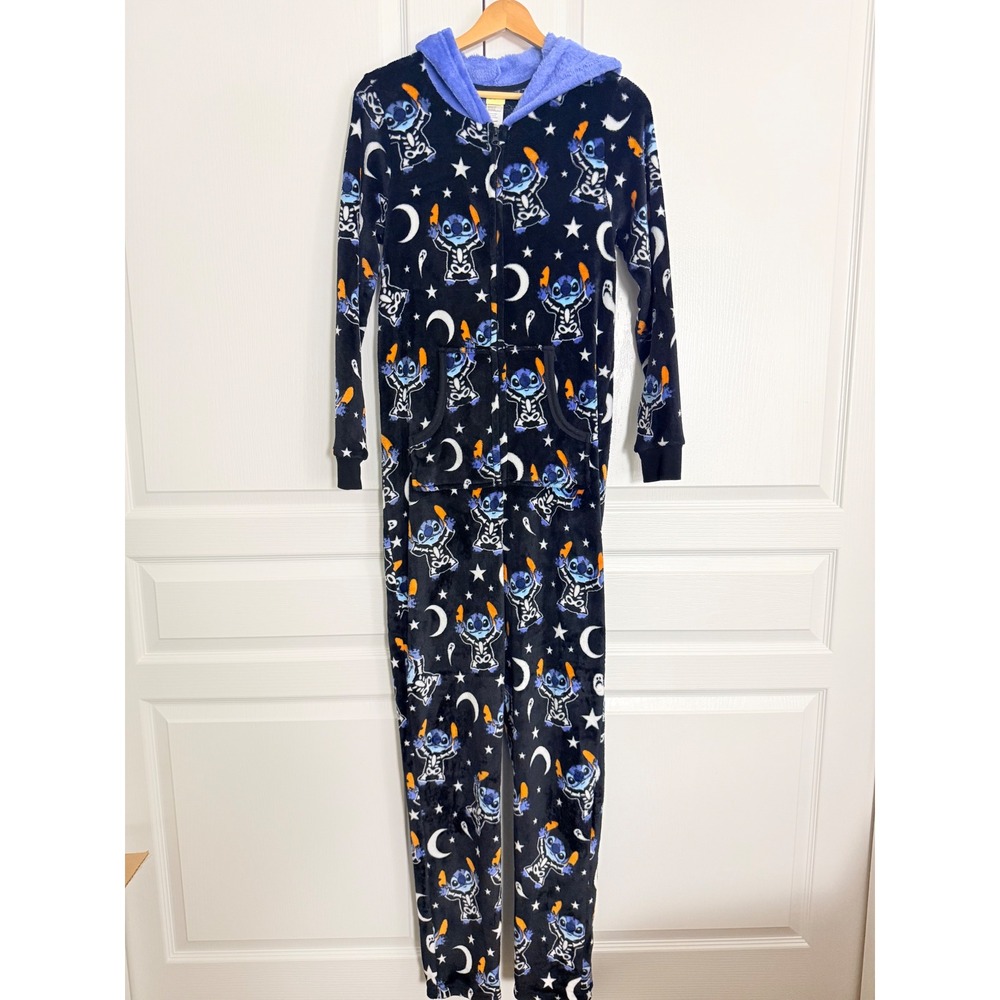 Disney Stitch‎ M Halloween Skeleton Hooded Fleece One Piece Pajamas NWOT